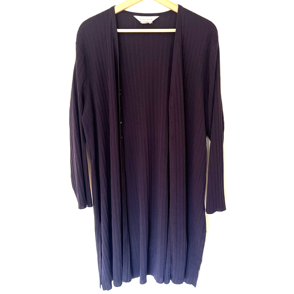 Misook Cardigan Large Navy Blue Long Line Knit Ribbed Long Sleeve